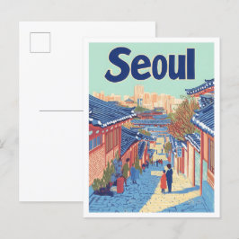 Seoul South Korea Art Vintage Travel Illustration Postkarte