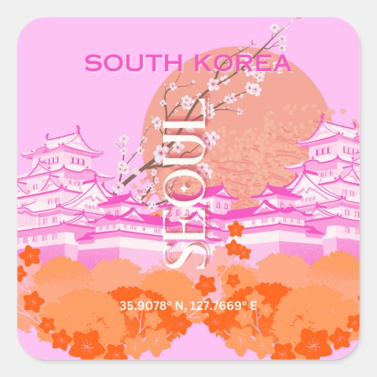 Seoul South Korea Travel Art, Pink Quadratischer Aufkleber (Vorderseite)