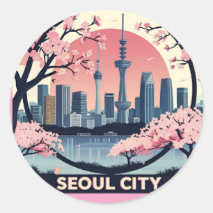 Seoul Stadt Moderne Skyline Retro Art Südkorea Runder Aufkleber