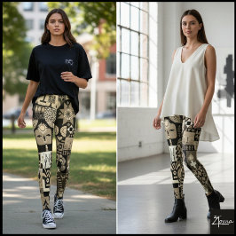 Sepia-Abstracte Geometrische Volkskunst- Quiltdeck Leggings
