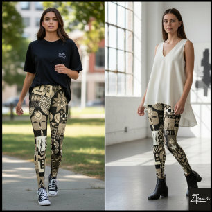 Sepia-Abstracte Geometrische Volkskunst- Quiltdeck Leggings