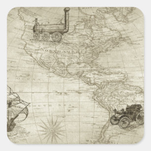 Sepia-Alt-Antik-Vintage-USA-Karte-Reise Quadratischer Aufkleber