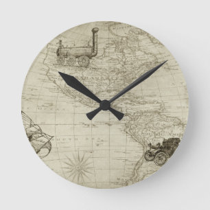 Sepia-Alt-Antik-Vintage-USA-Karte-Reise Runde Wanduhr