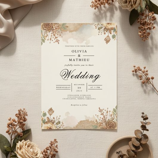Sepia Autumnal Bloom Wedding Einladung