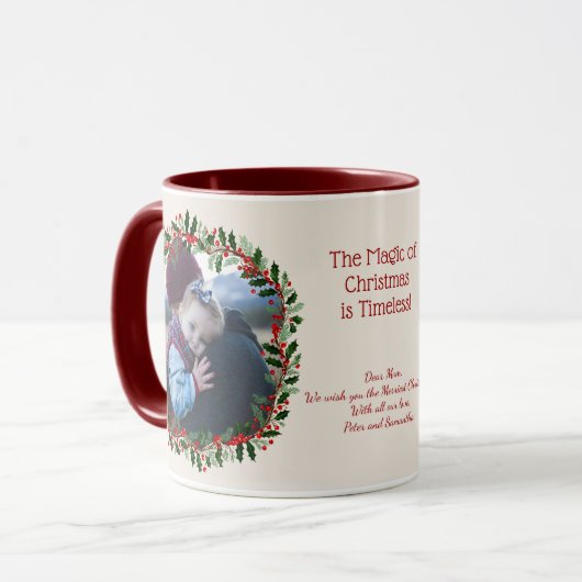 Sepia Back Christmas Window and Holly Photo Mug Tasse (Vorderseite Links)