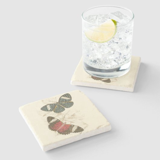 Sepia Blätter mit bunten Schmetterlingen Steinuntersetzer (Seitenansicht)