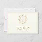 Sepia-Blumenwappen-Monogramm-QR-Code-Hochzeit RSVP Karte (Vorderseite)
