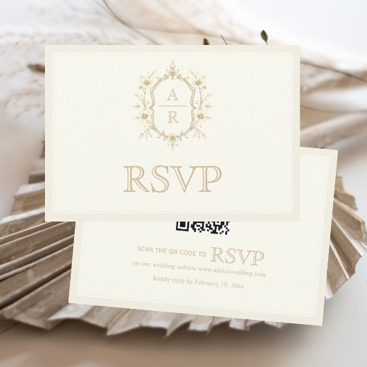 Sepia-Blumenwappen-Monogramm-QR-Code-Hochzeit RSVP Karte