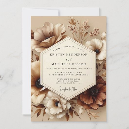 Sepia-Blüten Herbstromantik-Hochzeit Einladung (Vorderseite)