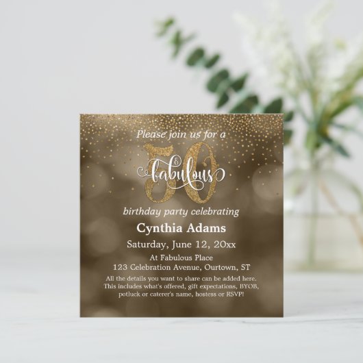 Sepia Bokeh, Gold Glitzer & Script 50 & Fabulous Einladung (Stehend Vorderseite)