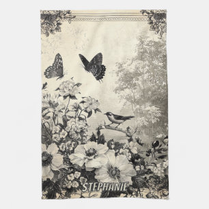 Sepia-Botanik-Vögel-Schmetterlinge-Vintage Geschirrtuch