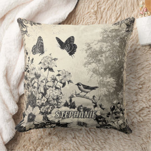 Sepia-Botanik-Vögel-Schmetterlinge-Vintage Kissen