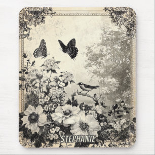 Sepia Botanische Vögel Schmetterlinge Vintage Mousepad