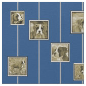 Sepia-Boxer-Hündchen auf blauem Gewebe Stoff (Nahaufnahme)