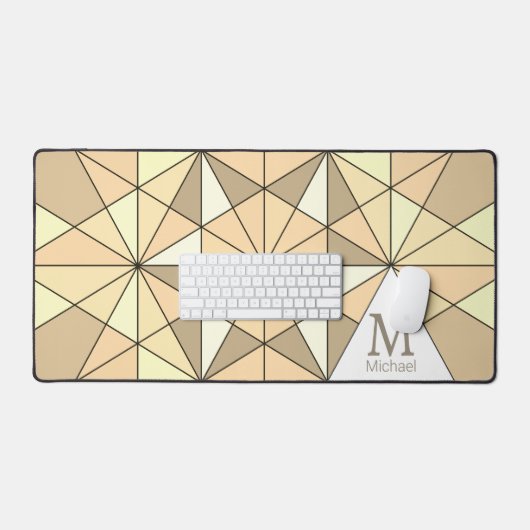 Sepia-braunes Retro-Mosaikdreieck-Muster Monogramm Schreibtischunterlage (Tastatur & Maus)