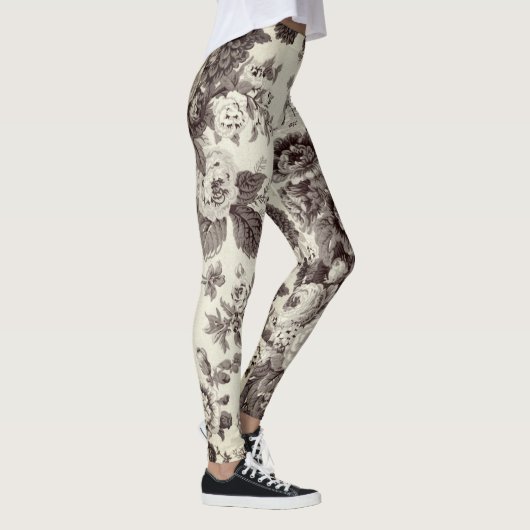 Sepia Brown Cream Botanical Floral Toile No.2 Leggings (Rechts)