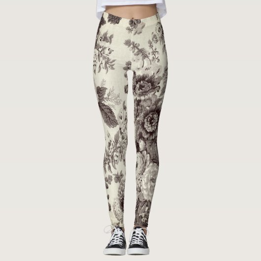 Sepia Brown Cream Botanical Floral Toile No.2 Leggings (Vorderseite)