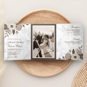 Sepia Brown Floral White Marble Foto Hochzeit Dreifach Gefaltete Einladung