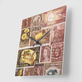 Sepia Brown Gold Wall Clock, Porto Briefmarke Art Quadratische Wanduhr (Winkel)