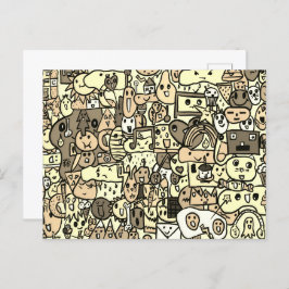 Sepia Cartoon Character Hand Drass Muster Postkarte