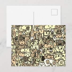Sepia-Cartoonfigur Handgezeichnetes Wurf-Muster Postkarte