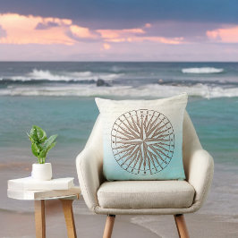 Sepia Compas-Rose auf Blue mit Handwriting Kissen