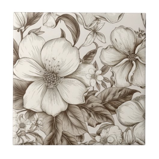 Sepia Cottagecore Blumengarten Creme Vintage Fliese (Vorderseite)