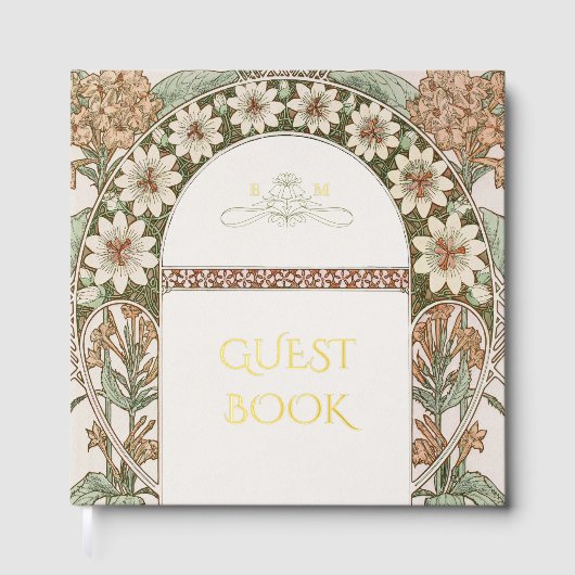 Sepia & Cream Gold Wedding Art Nouveau Gästebuch (Vorderseite)