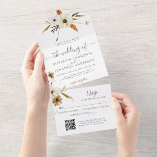 Sepia Fall Floral Cream Daisy Wild QR RSVP Wedding All In One Einladung