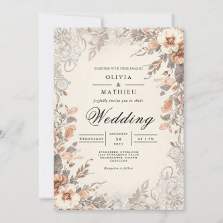 Sepia Floral Border Romance Wedding Einladung