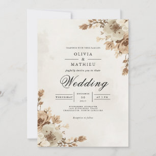 Sepia Floral Border Wedding Einladung