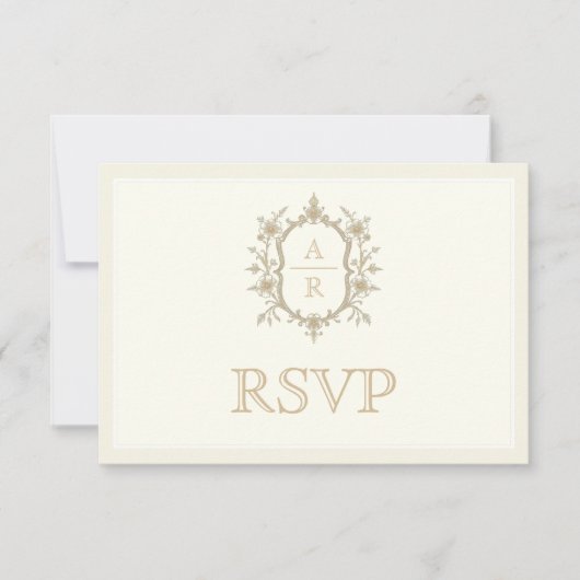Sepia floral crest monogram QR code wedding RSVP Karte (Vorderseite)
