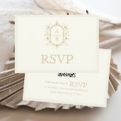 Sepia floral crest monogram QR code wedding RSVP Karte