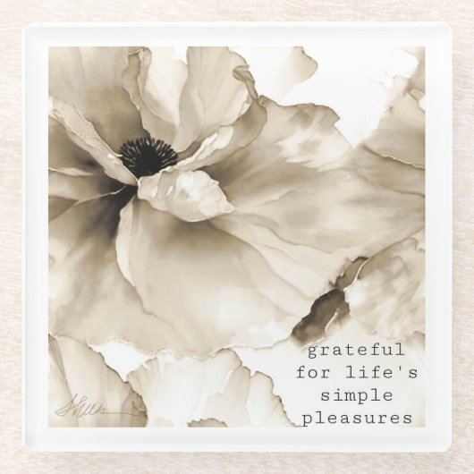 Sepia floral dankbar Zitat Glasuntersetzer (Vorderseite)