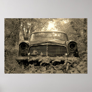 Sepia-Fotografie eines alten rostigen Oldtimers Poster