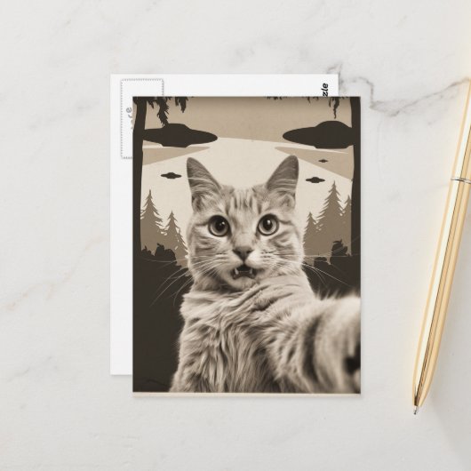 Sepia Funny Kitty und UFOs Postkarte (Vorderseite/Rückseite Beispiel)