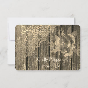 Sepia Gold Wood Lace und Rose Wedding RSVP Karte