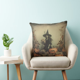 Sepia-Gotische Hexe mit Kürbissen und Herbstrosen Kissen