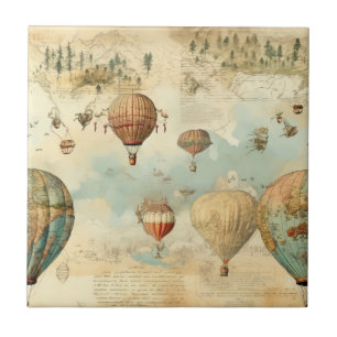 Sepia-Heißluftballon-Antikkarte Fliese