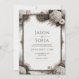 Sepia-Hortensien-Filigran-Hochzeit Einladung