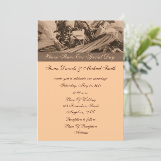 Sepia Indischer Mais Herbst Einladung Hochzeit (Stehend Vorderseite)