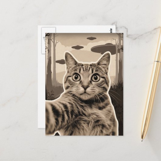 Sepia Kitty und UFO Postkarte (Vorderseite/Rückseite Beispiel)