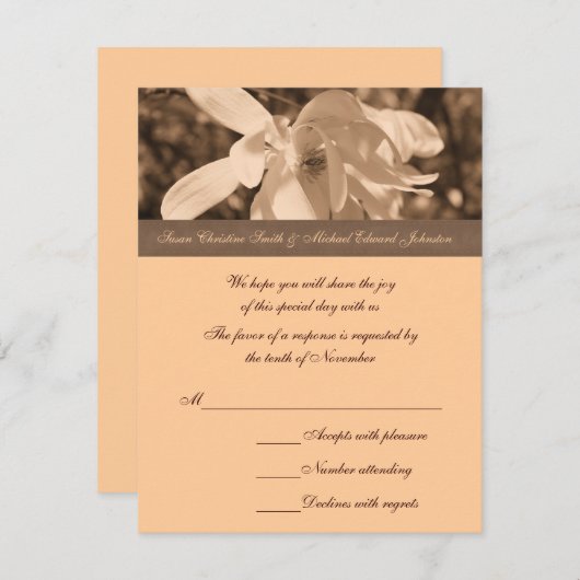 Sepia Magnolia Blume Wedding RSVP Karte (Vorne/Hinten)