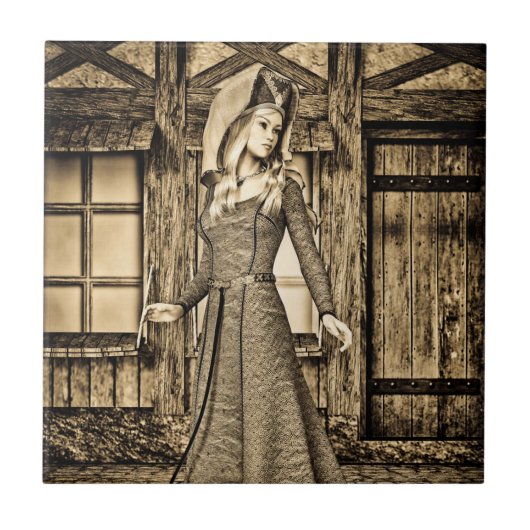 Sepia-Mittelalterprinzessin-Renaissancekunst Fliese (Vorderseite)