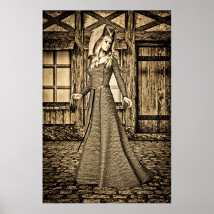 Sepia-Mittelalterprinzessin-Renaissancekunst Poster