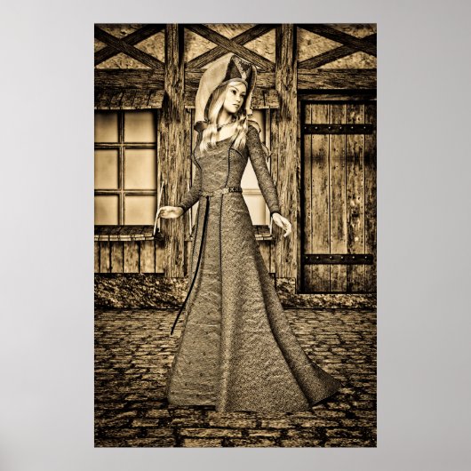 Sepia-Mittelalterprinzessin-Renaissancekunst Poster (Vorne)