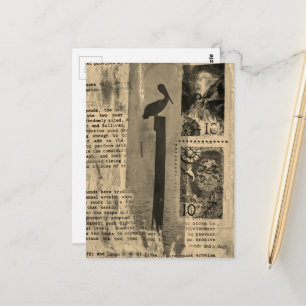 Sepia-Pelikan Mixed-Media-Collage Postkarte
