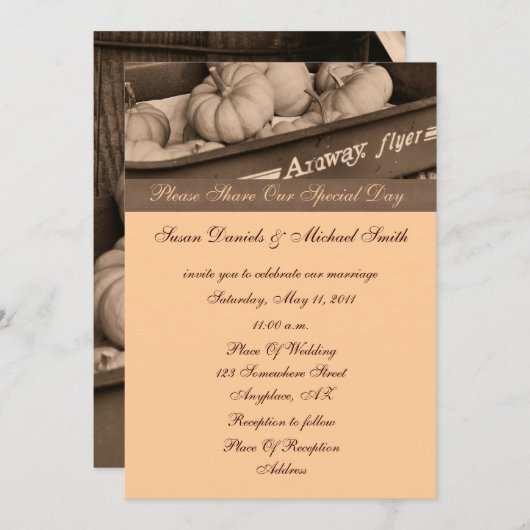 Sepia Pumpkins in Wagon Hochzeit im Herbst Einladu Einladung (Vorne/Hinten)