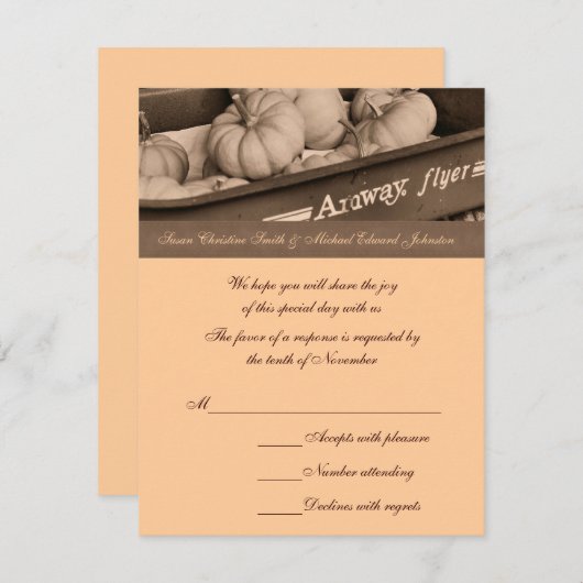 Sepia Pumpkins Wagon Wedding RSVP Karte (Vorne/Hinten)