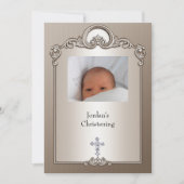 Sepia Silver Foto Frame Jewel Cross Christening Einladung (Vorderseite)